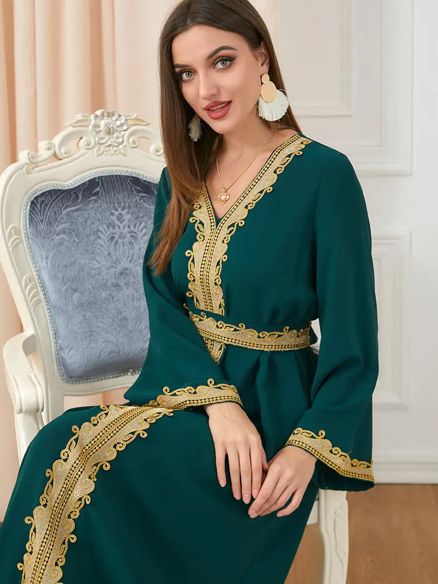 3252 Muslim Embroidery Solid Color Moroccan Dress