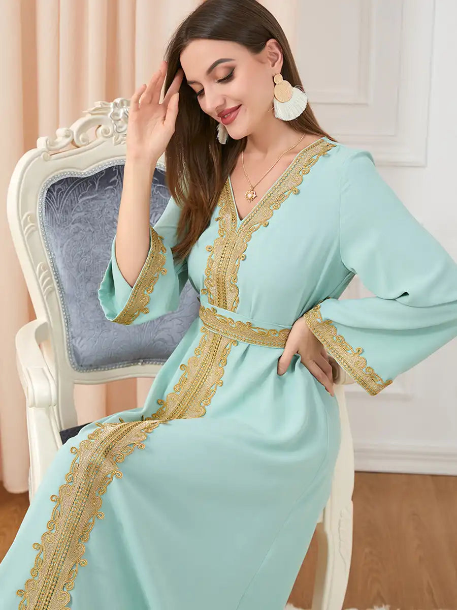 3252 Muslim Embroidery Solid Color Moroccan Dress