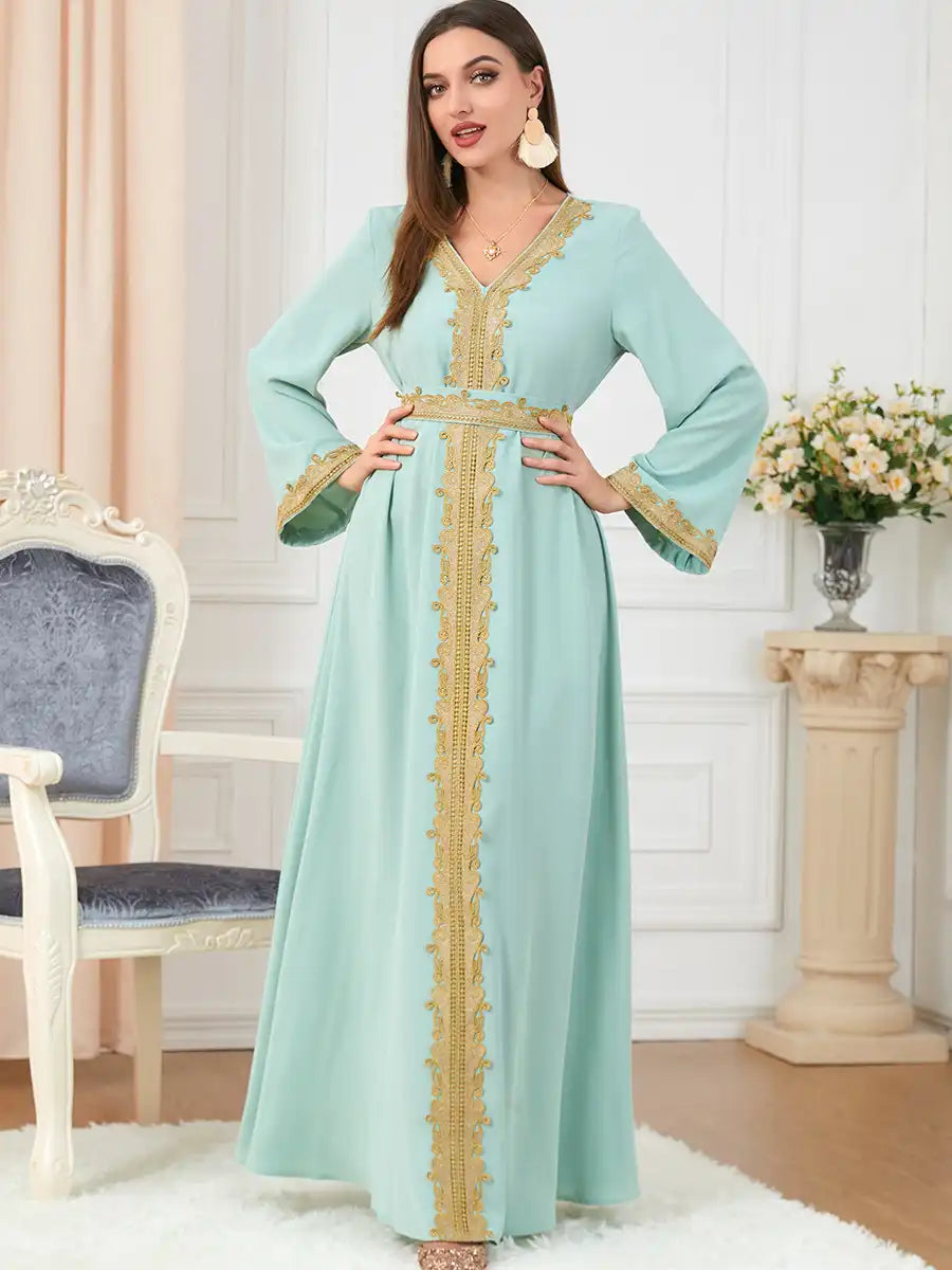 3252 Muslim Embroidery Solid Color Moroccan Dress
