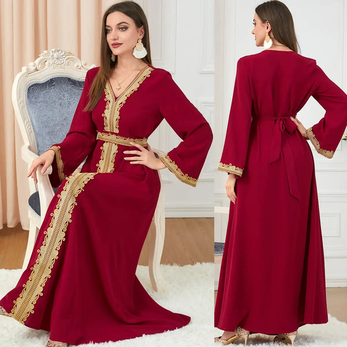 3252 Muslim Embroidery Solid Color Moroccan Dress