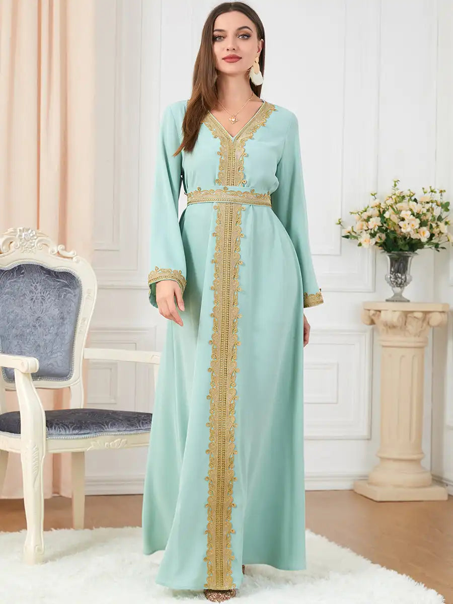 3252 Muslim Embroidery Solid Color Moroccan Dress
