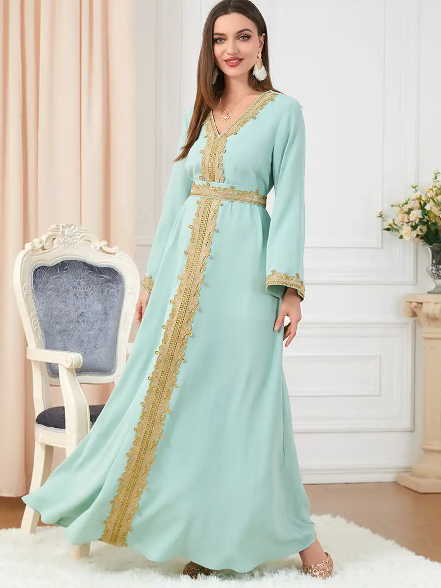 3252 Muslim Embroidery Solid Color Moroccan Dress