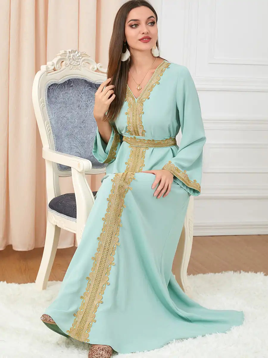 3252 Muslim Embroidery Solid Color Moroccan Dress