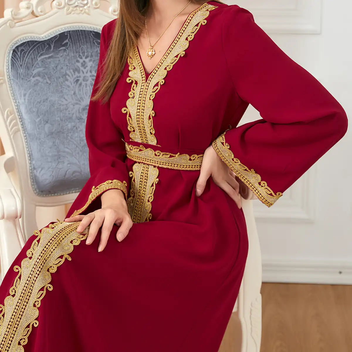 3252 Muslim Embroidery Solid Color Moroccan Dress