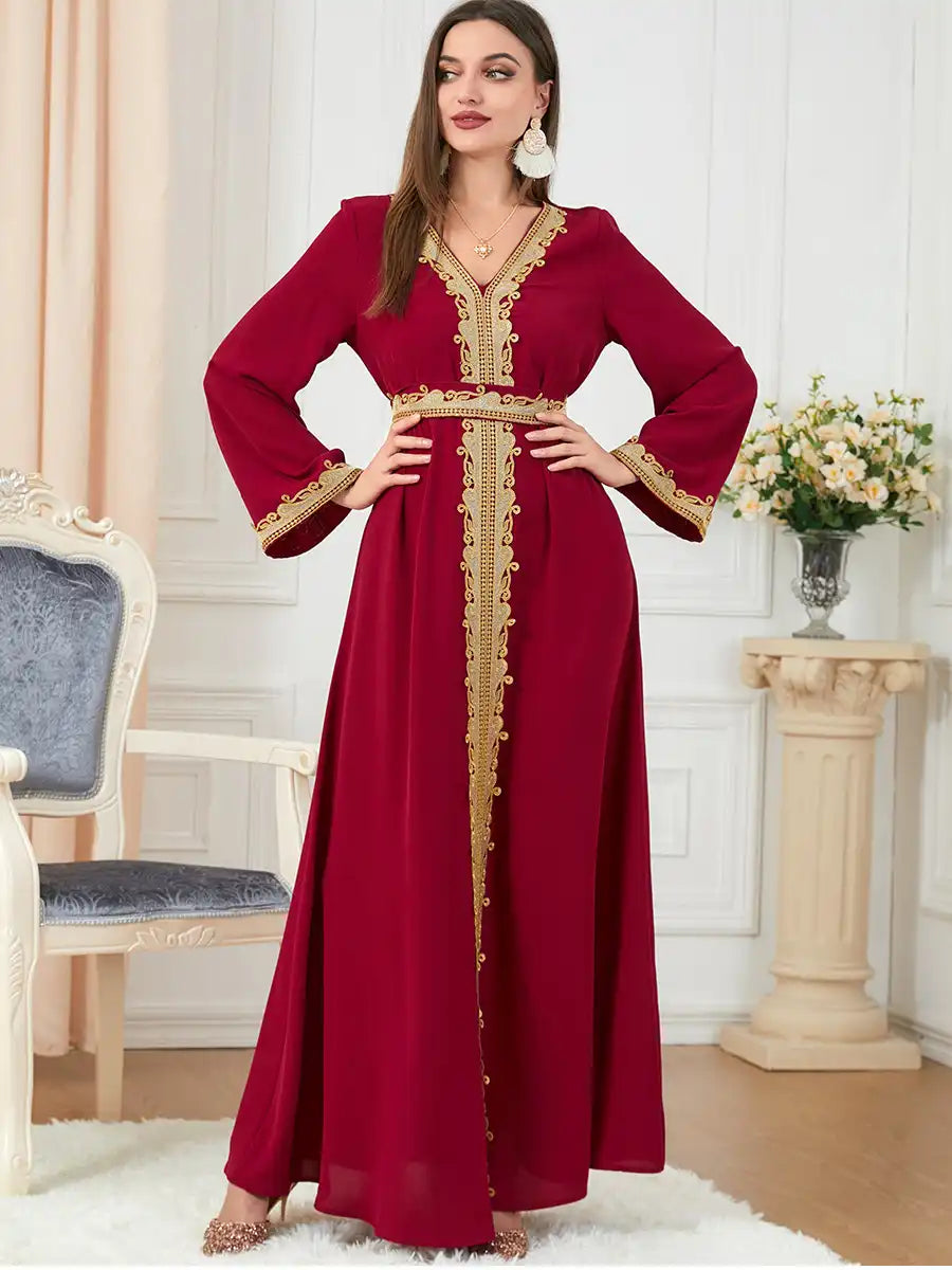 3252 Muslim Embroidery Solid Color Moroccan Dress