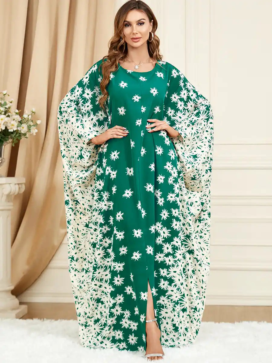 3421 Muslim Green Bat Sleeve Loose Plus Size Printed Dress