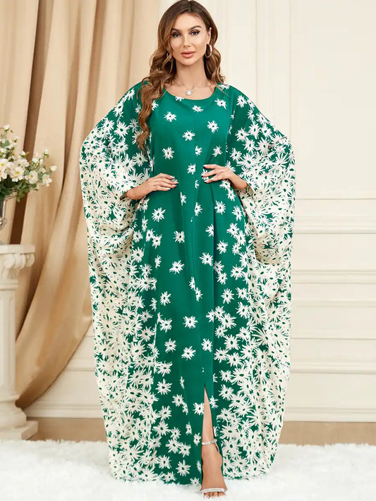 3421 Muslim Green Bat Sleeve Loose Plus Size Printed Dress