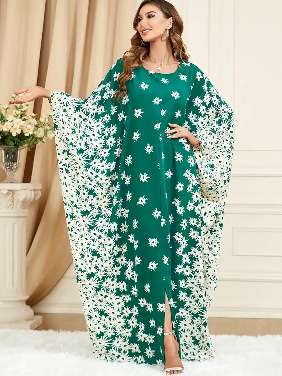 3421 Muslim Green Bat Sleeve Loose Plus Size Printed Dress