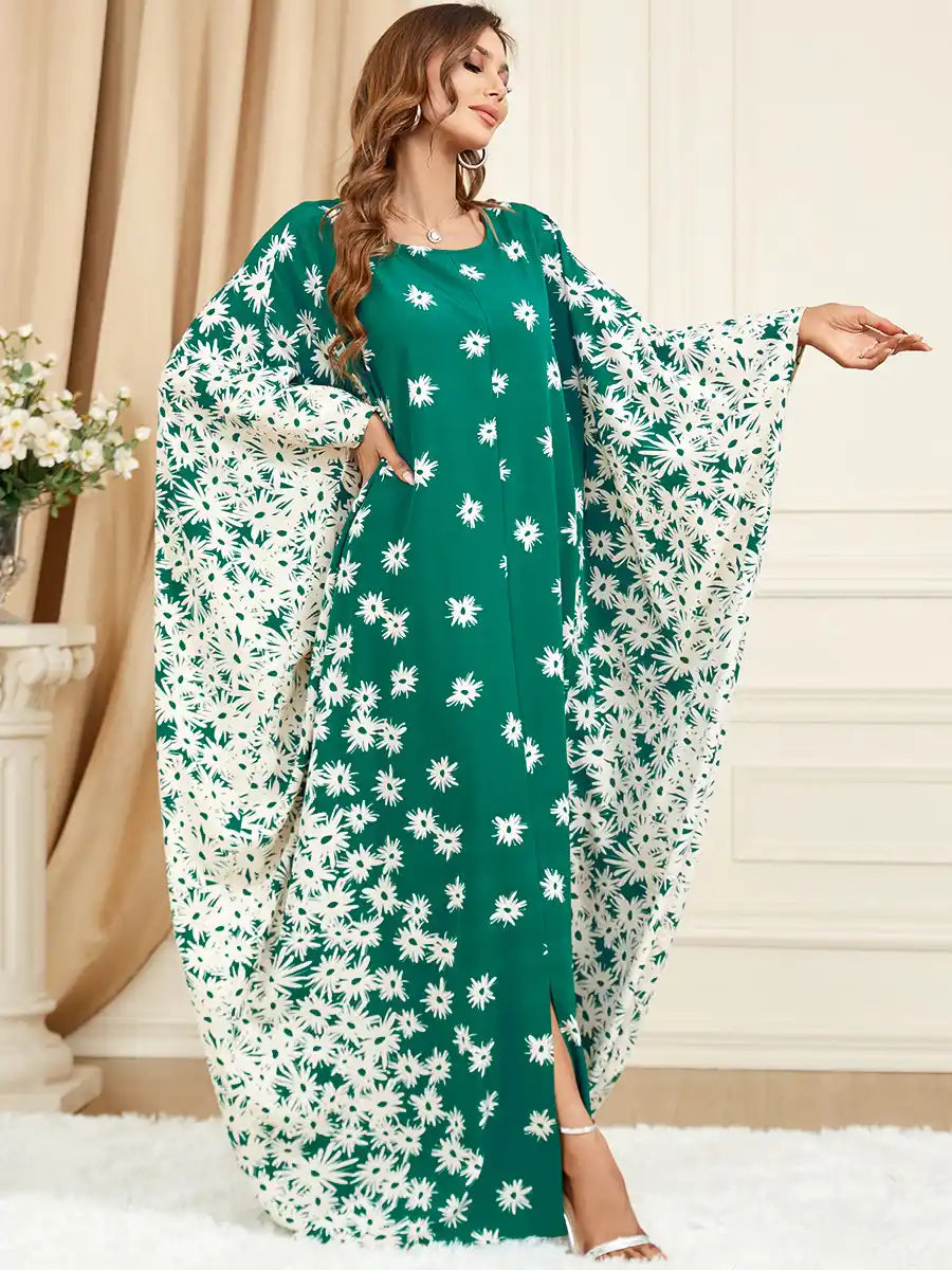 3421 Muslim Green Bat Sleeve Loose Plus Size Printed Dress