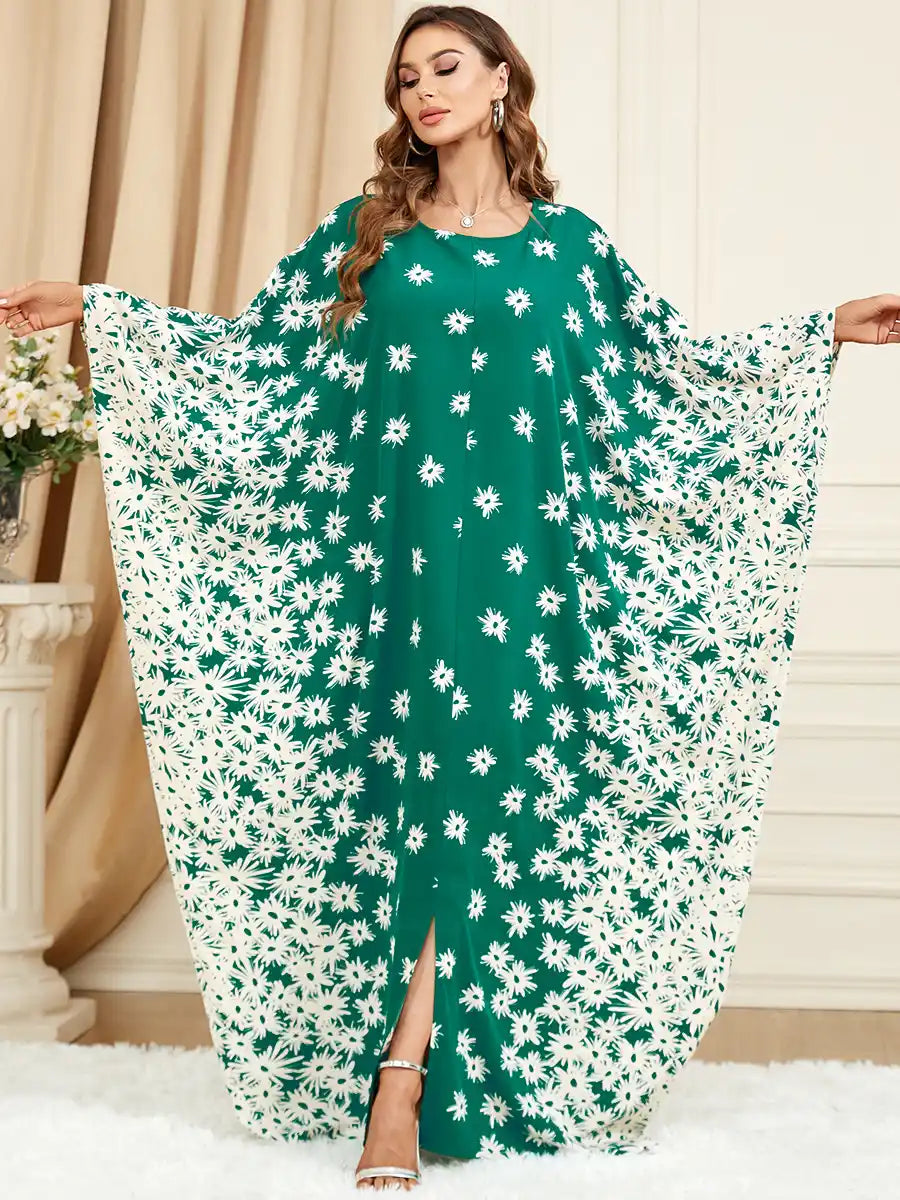 3421 Muslim Green Bat Sleeve Loose Plus Size Printed Dress