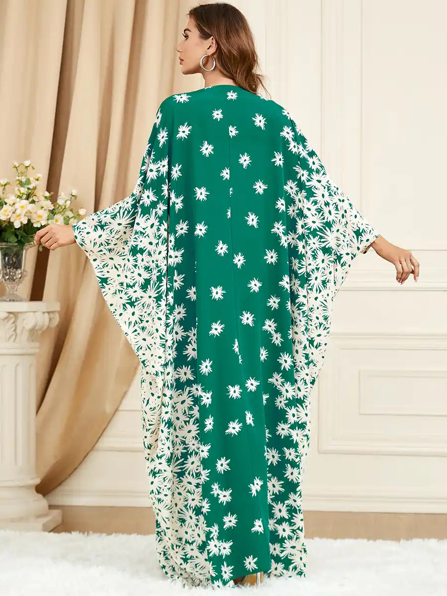 3421 Muslim Green Bat Sleeve Loose Plus Size Printed Dress