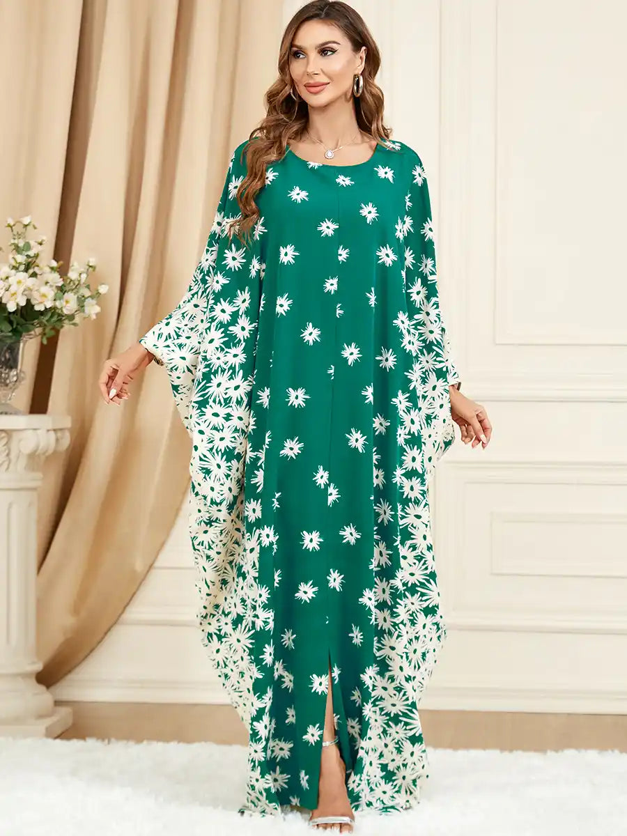 3421 Muslim Green Bat Sleeve Loose Plus Size Printed Dress