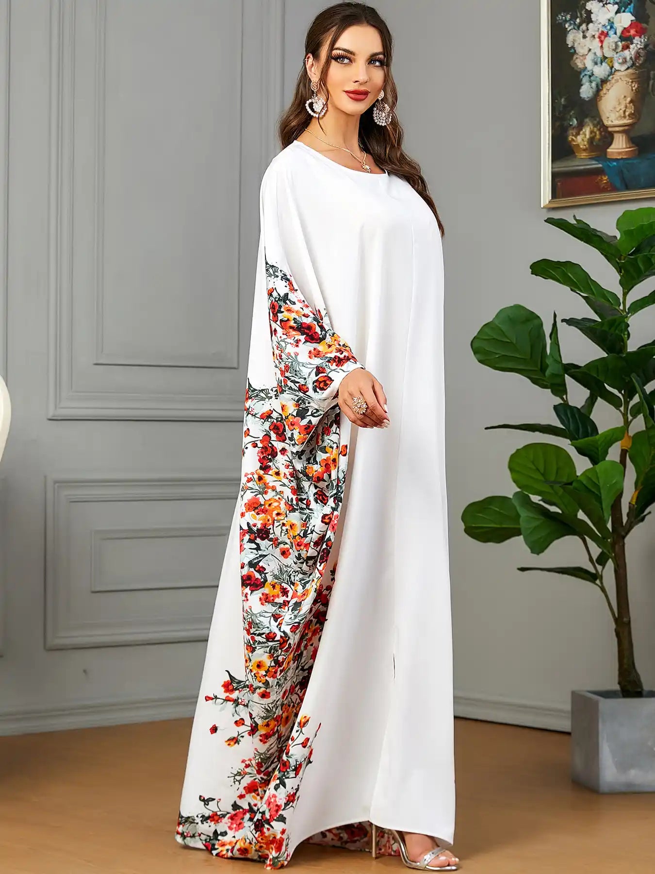3422 Muslim Arabic Clothing Bat Floral Abaya Dress