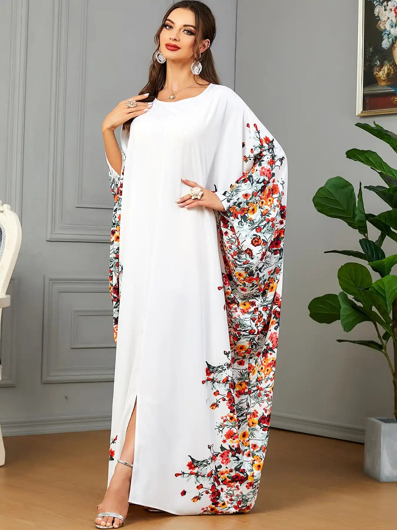 3422 Muslim Arabic Clothing Bat Floral Abaya Dress
