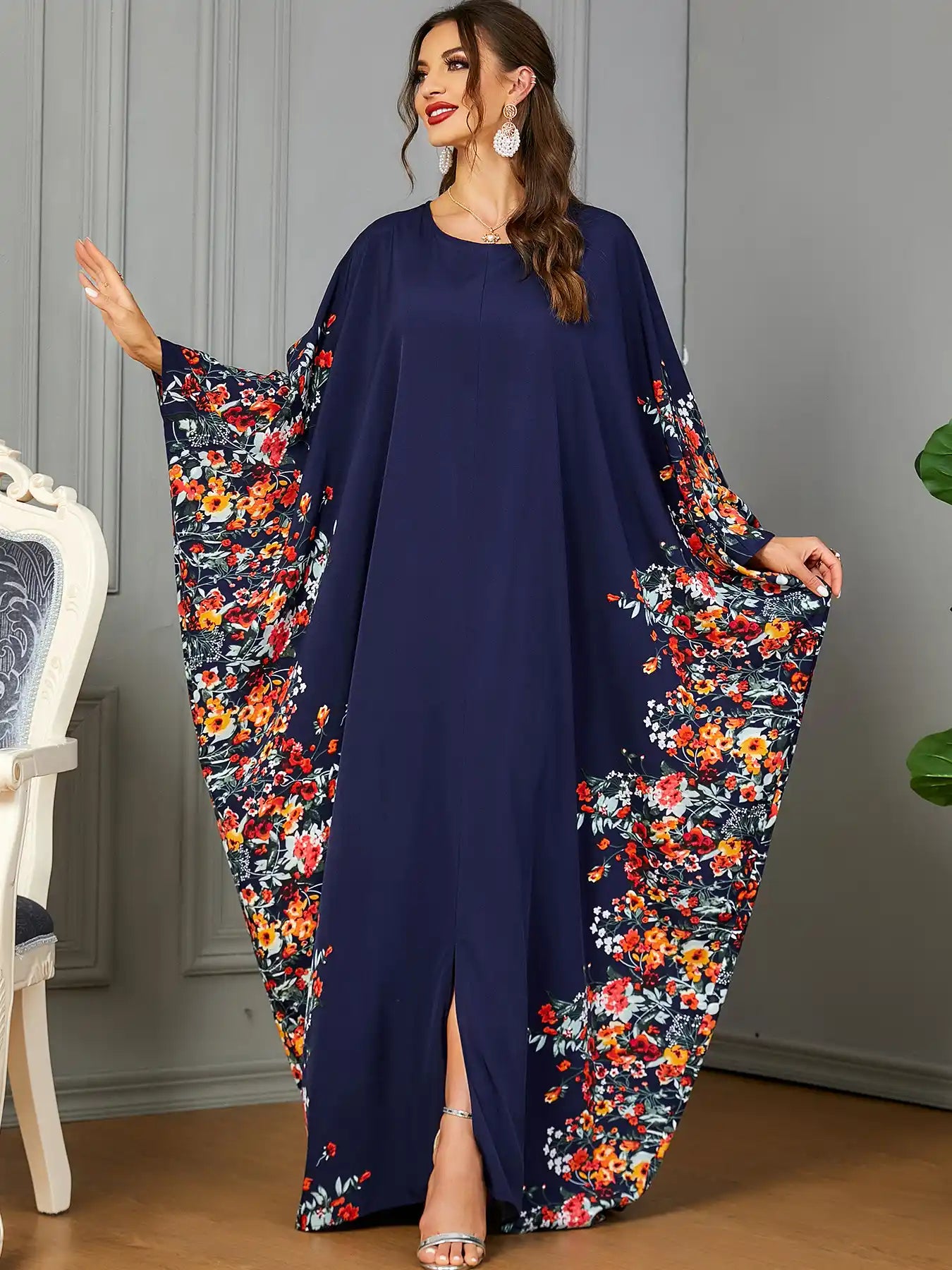 3422 Muslim Arabic Clothing Bat Floral Abaya Dress