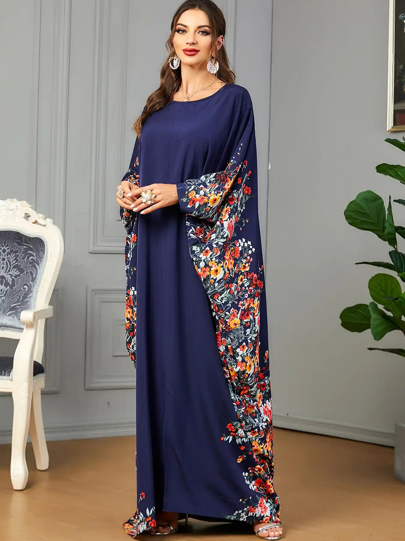 3422 Muslim Arabic Clothing Bat Floral Abaya Dress