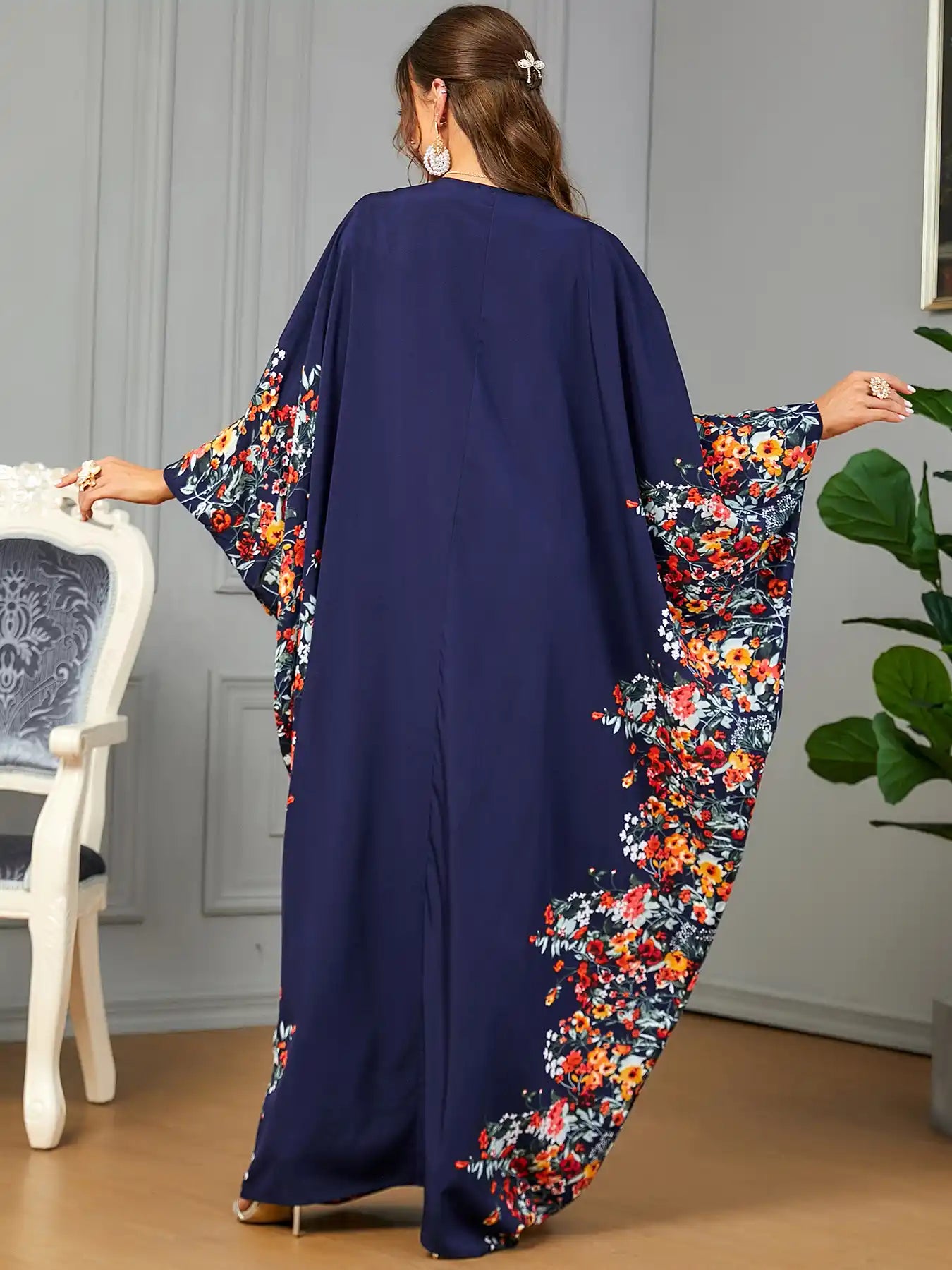 3422 Muslim Arabic Clothing Bat Floral Abaya Dress