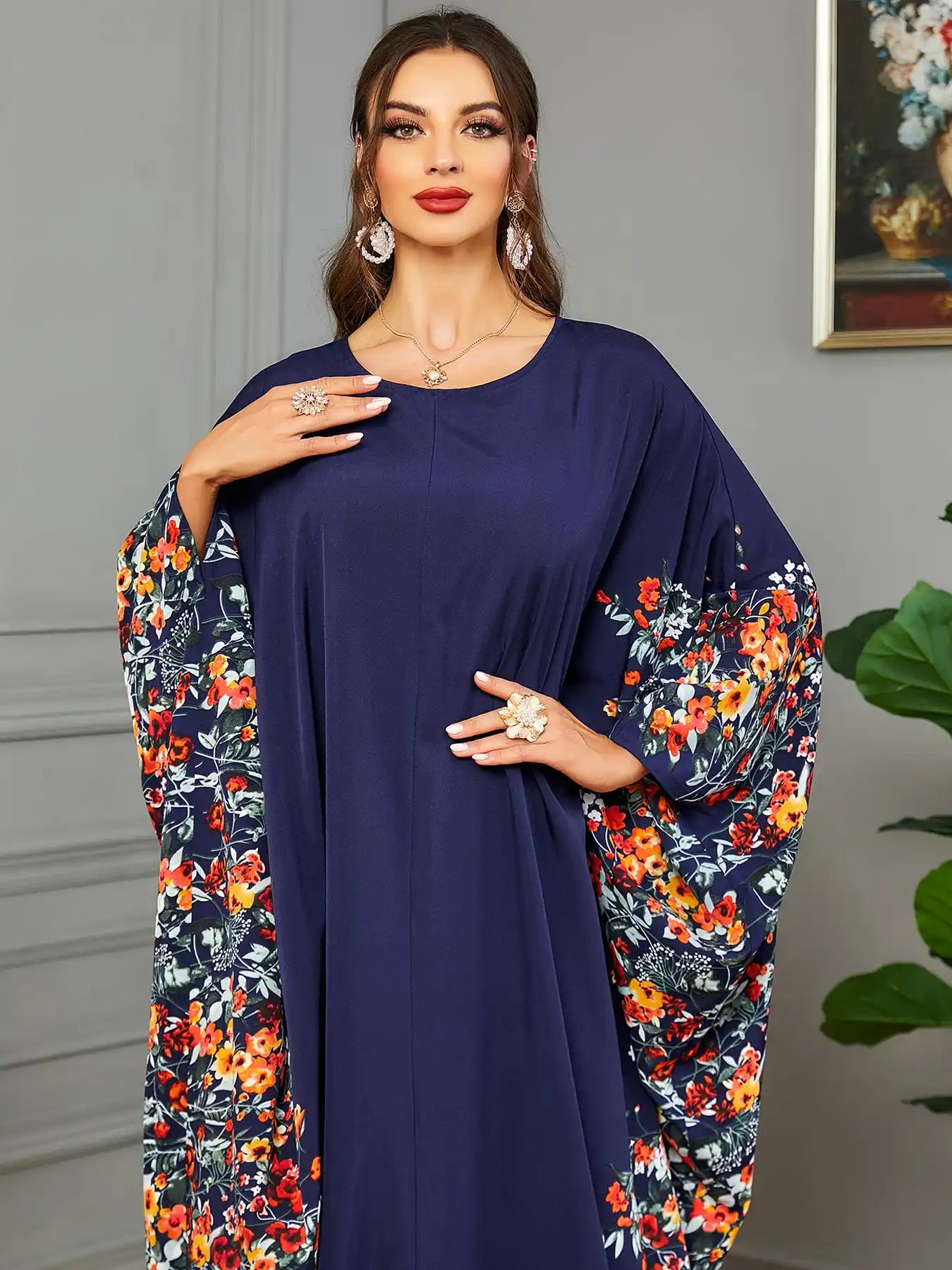3422 Muslim Arabic Clothing Bat Floral Abaya Dress