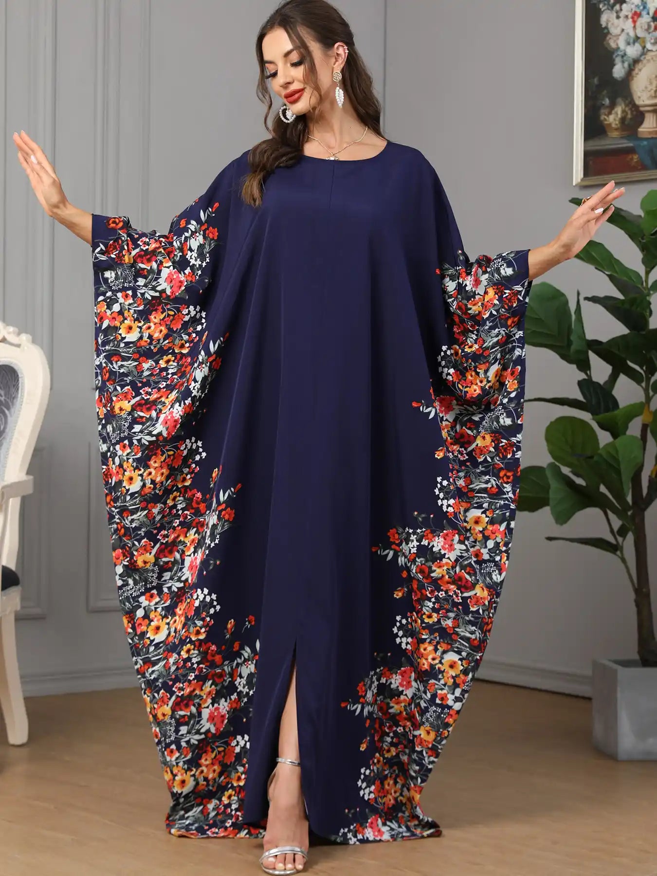 3422 Muslim Arabic Clothing Bat Floral Abaya Dress