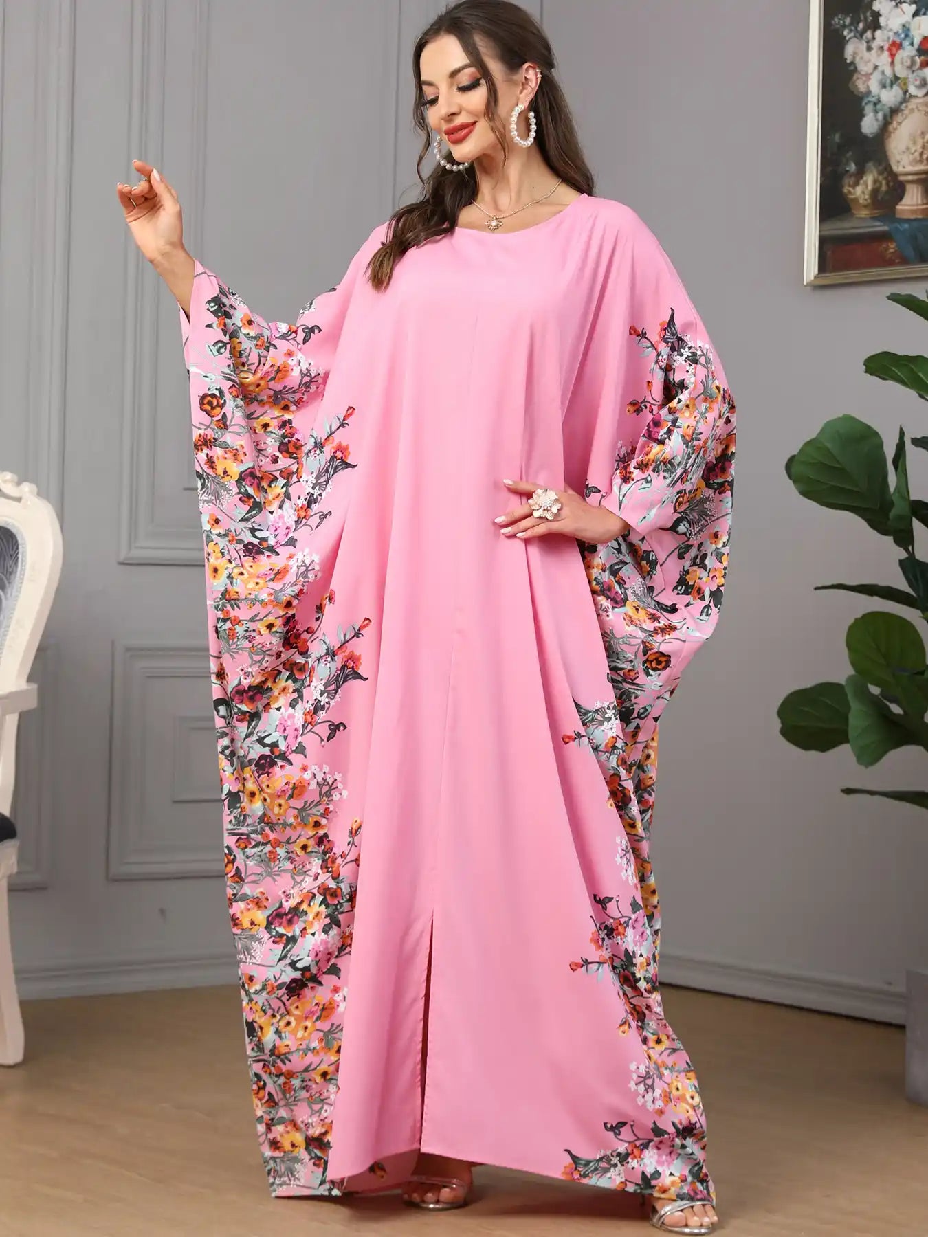 3422 Muslim Arabic Clothing Bat Floral Abaya Dress