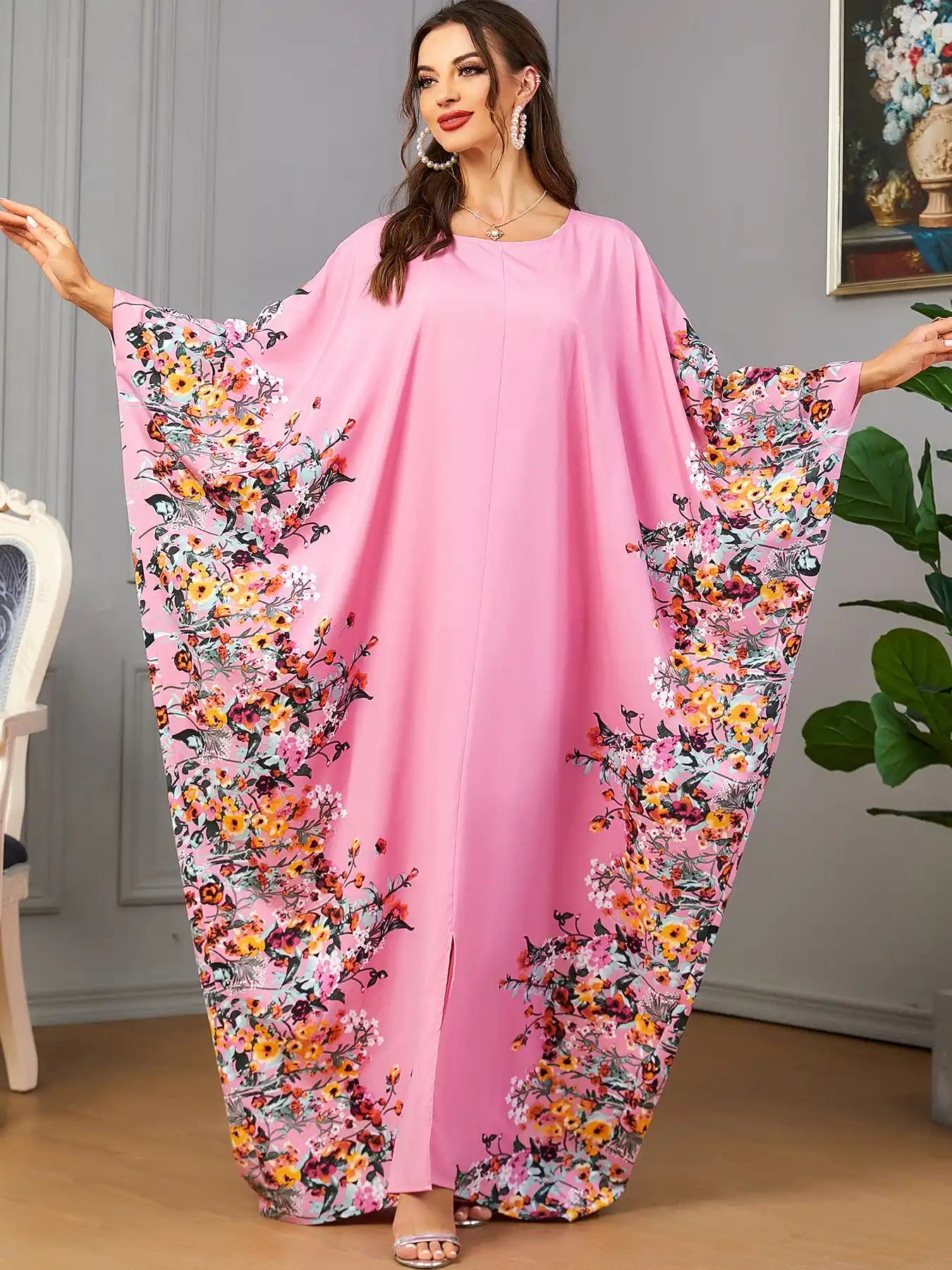 3422 Muslim Arabic Clothing Bat Floral Abaya Dress