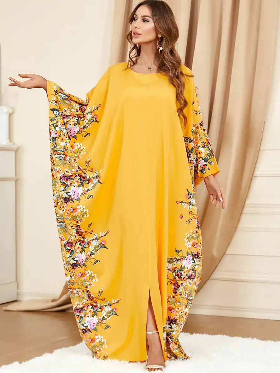 3422 Muslim Arabic Clothing Bat Floral Abaya Dress
