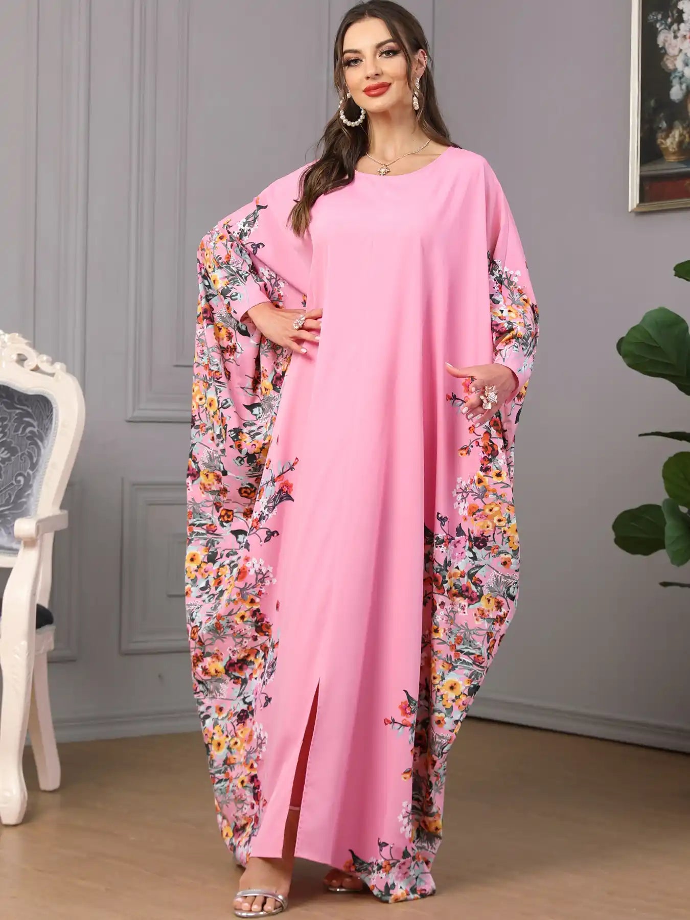 3422 Muslim Arabic Clothing Bat Floral Abaya Dress