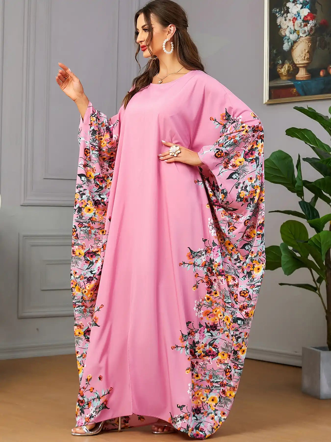 3422 Muslim Arabic Clothing Bat Floral Abaya Dress