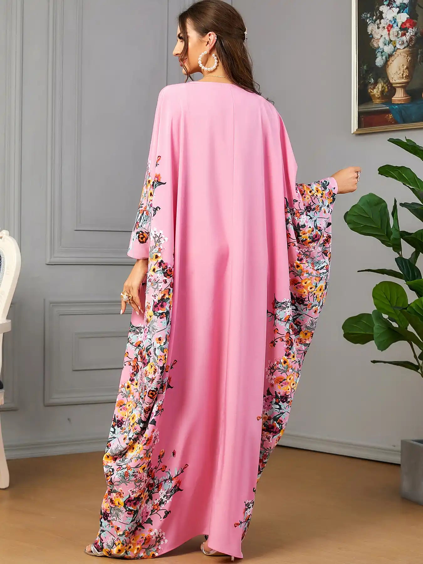 3422 Muslim Arabic Clothing Bat Floral Abaya Dress