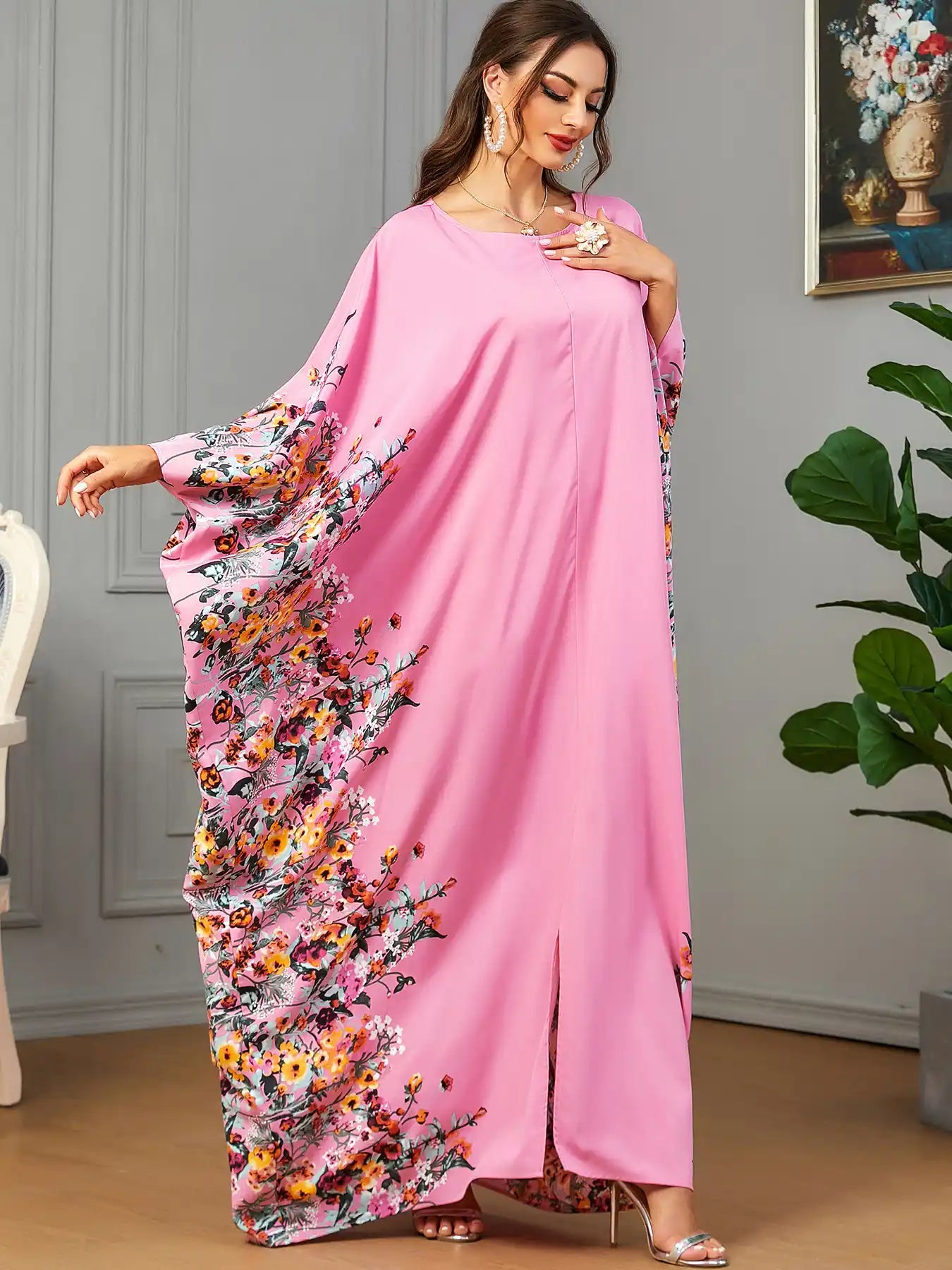 3422 Muslim Arabic Clothing Bat Floral Abaya Dress