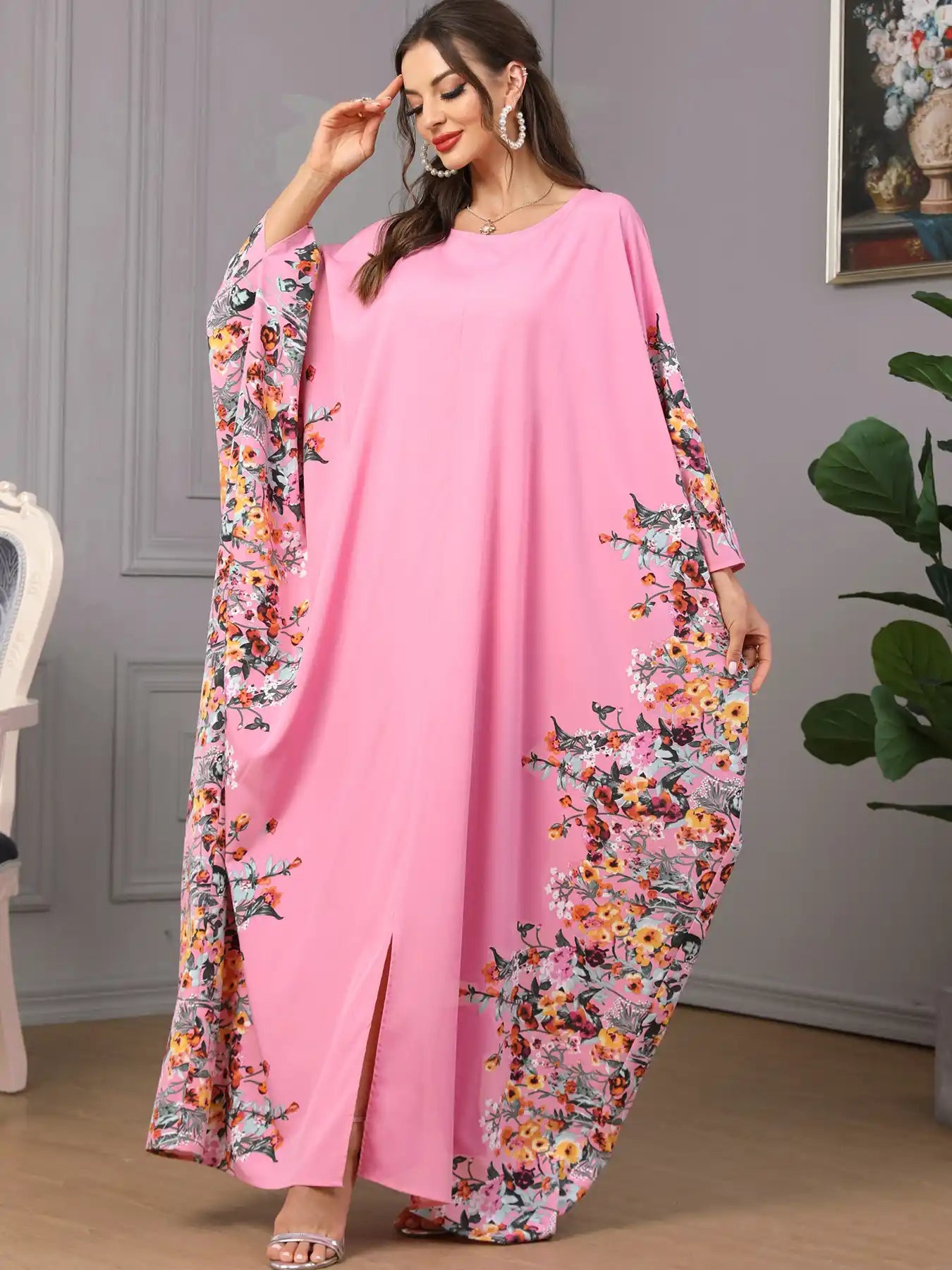 3422 Muslim Arabic Clothing Bat Floral Abaya Dress