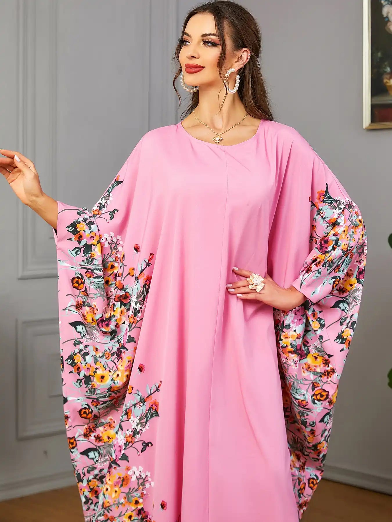 3422 Muslim Arabic Clothing Bat Floral Abaya Dress