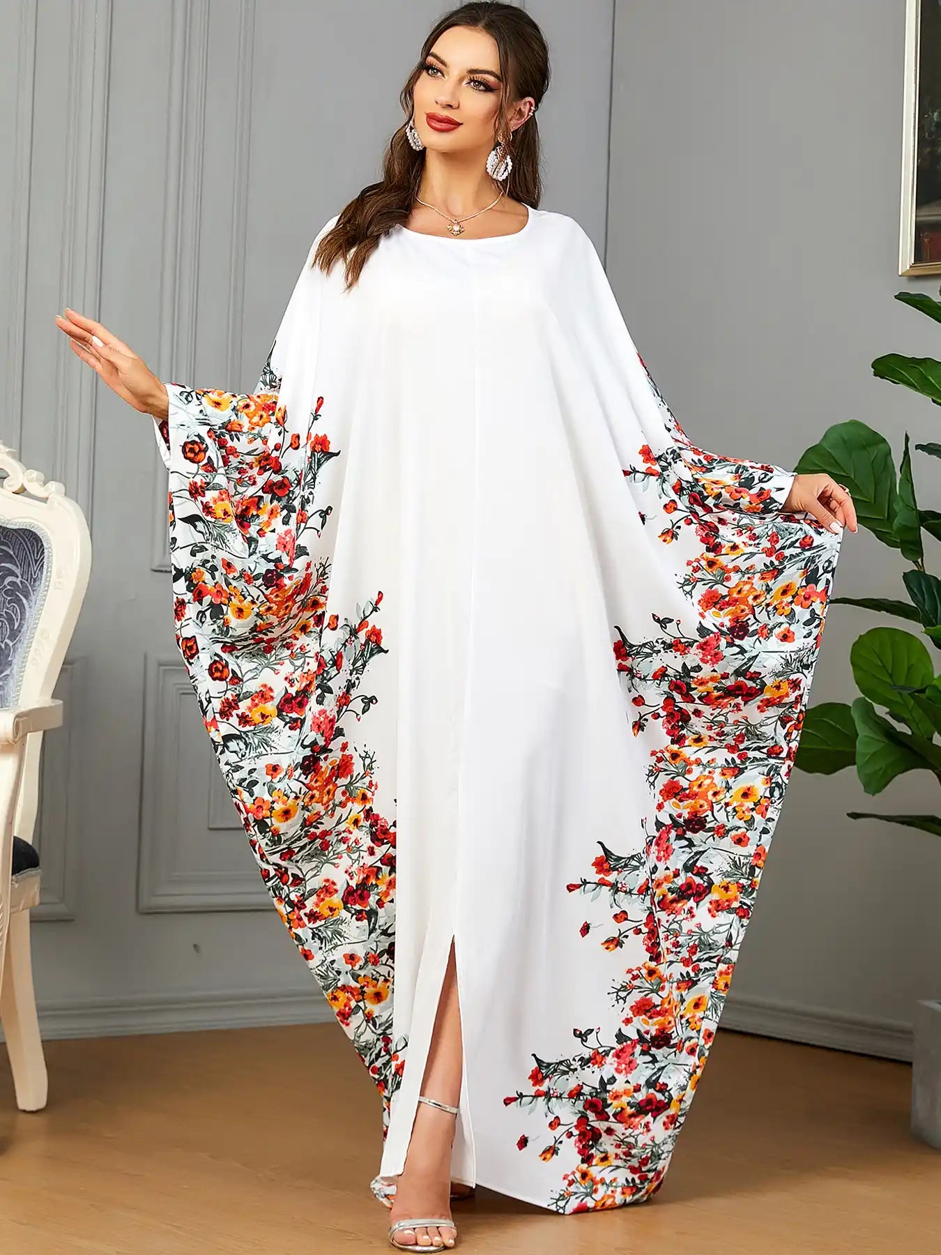 3422 Muslim Arabic Clothing Bat Floral Abaya Dress