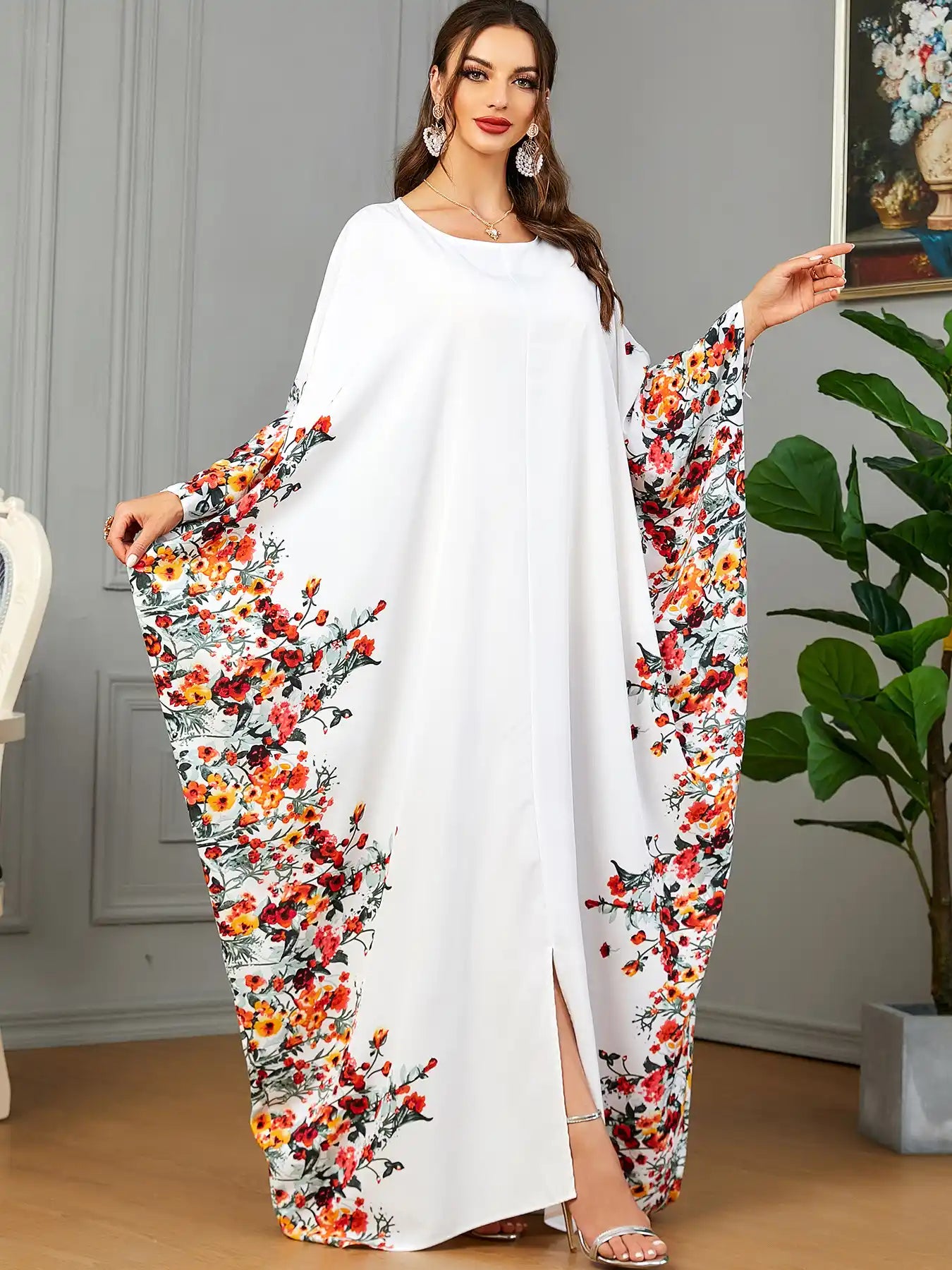 3422 Muslim Arabic Clothing Bat Floral Abaya Dress