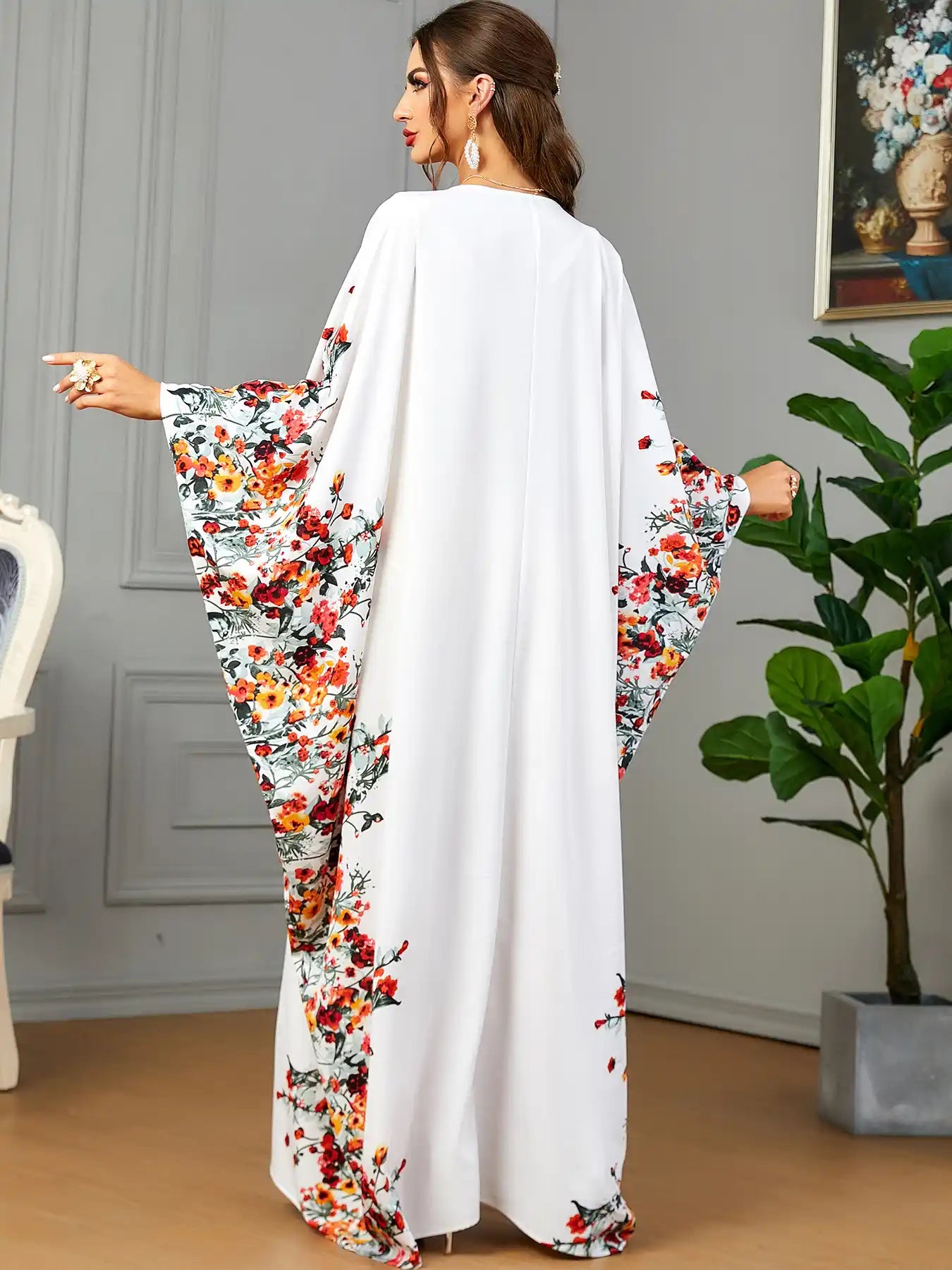 3422 Muslim Arabic Clothing Bat Floral Abaya Dress
