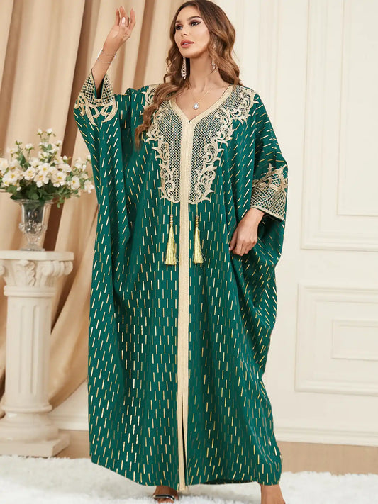 3461 Muslim Green Gilded Bat Sleeve Tassel Slit Dress