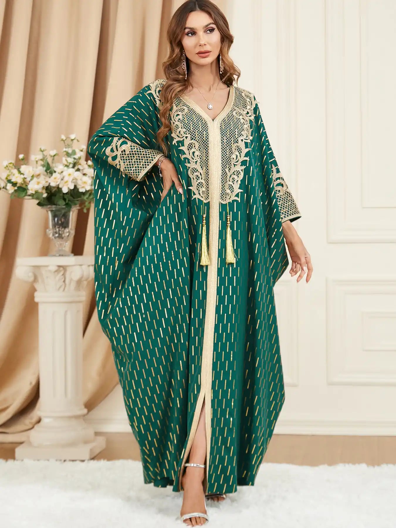 3461 Muslim Green Gilded Bat Sleeve Tassel Slit Dress