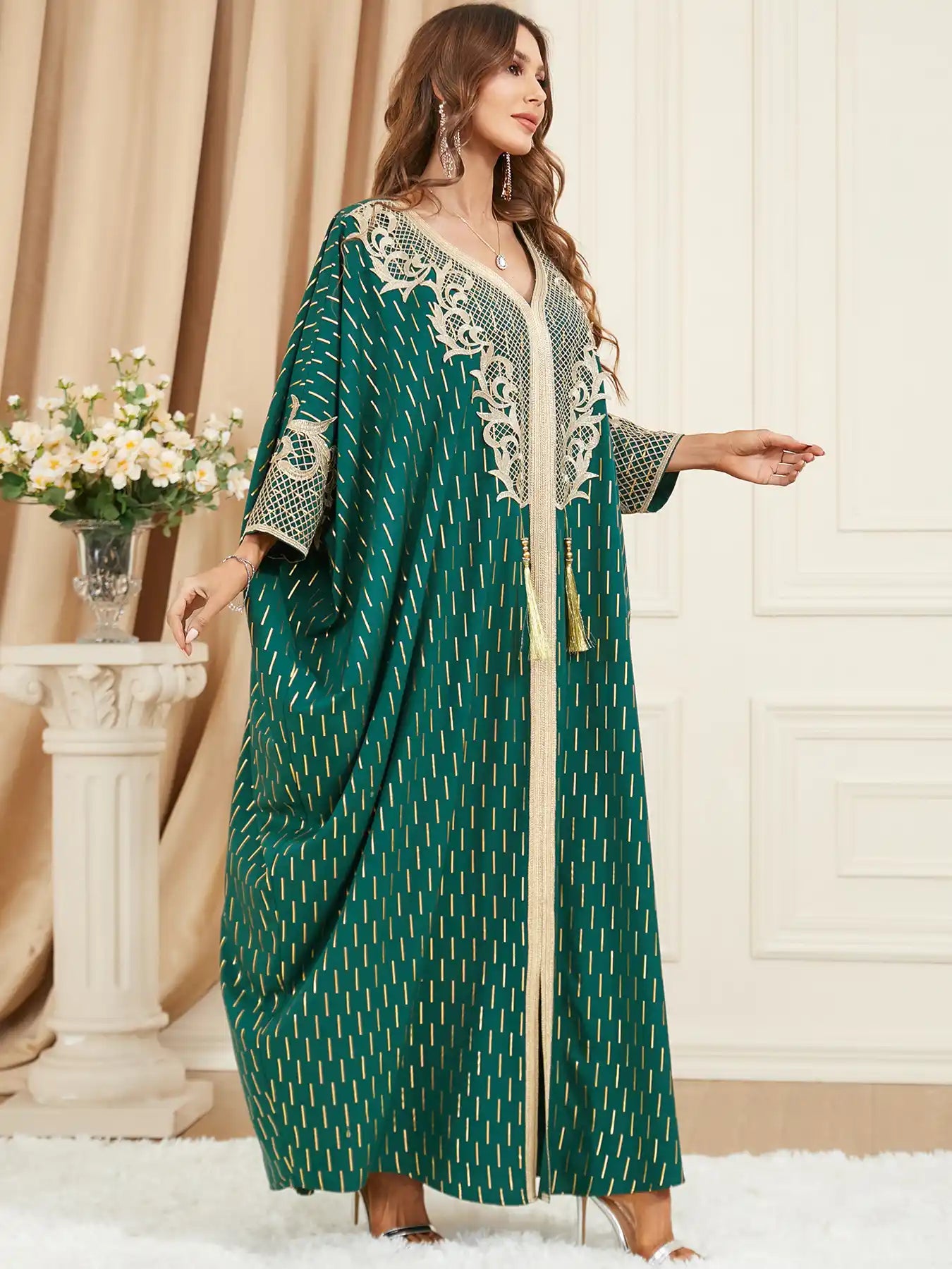 3461 Muslim Green Gilded Bat Sleeve Tassel Slit Dress