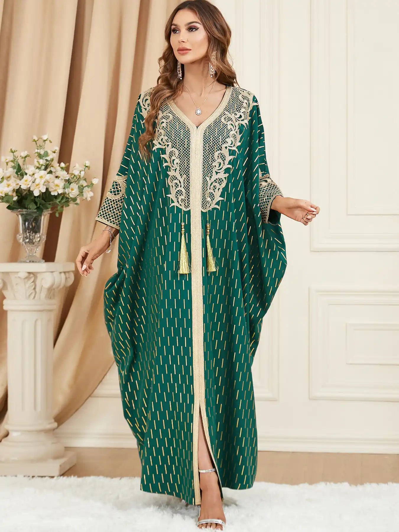 3461 Muslim Green Gilded Bat Sleeve Tassel Slit Dress