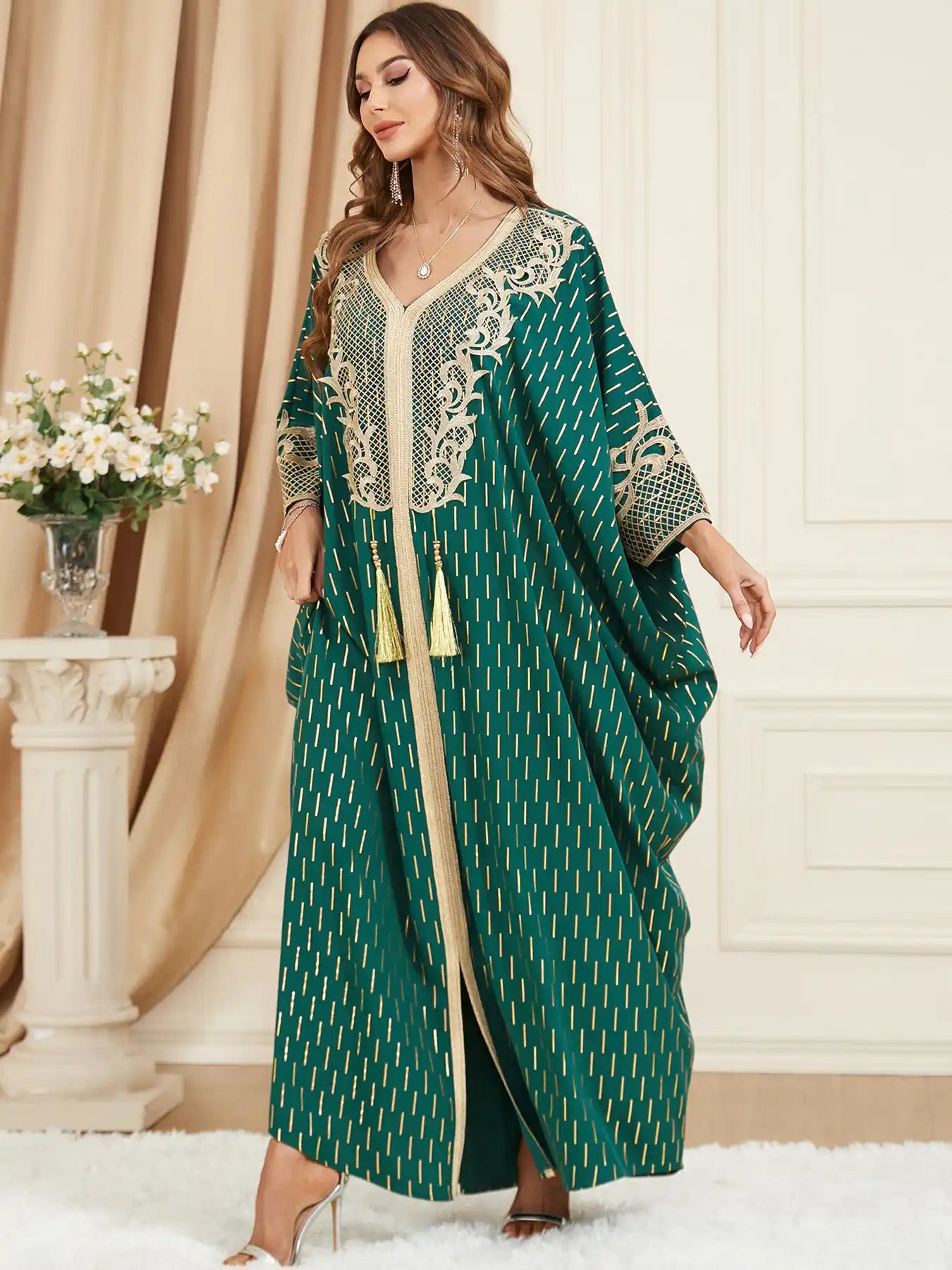 3461 Muslim Green Gilded Bat Sleeve Tassel Slit Dress