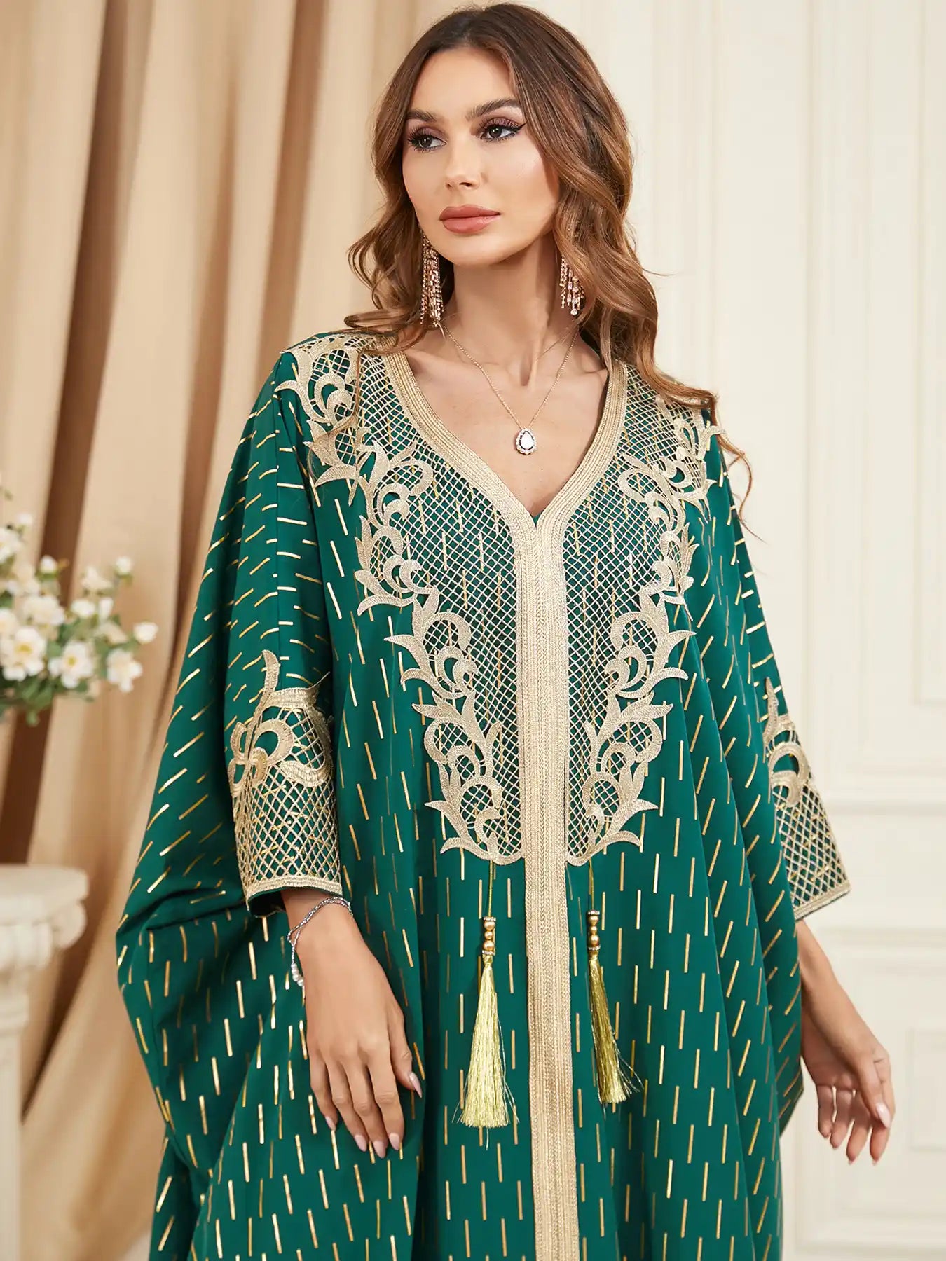 3461 Muslim Green Gilded Bat Sleeve Tassel Slit Dress