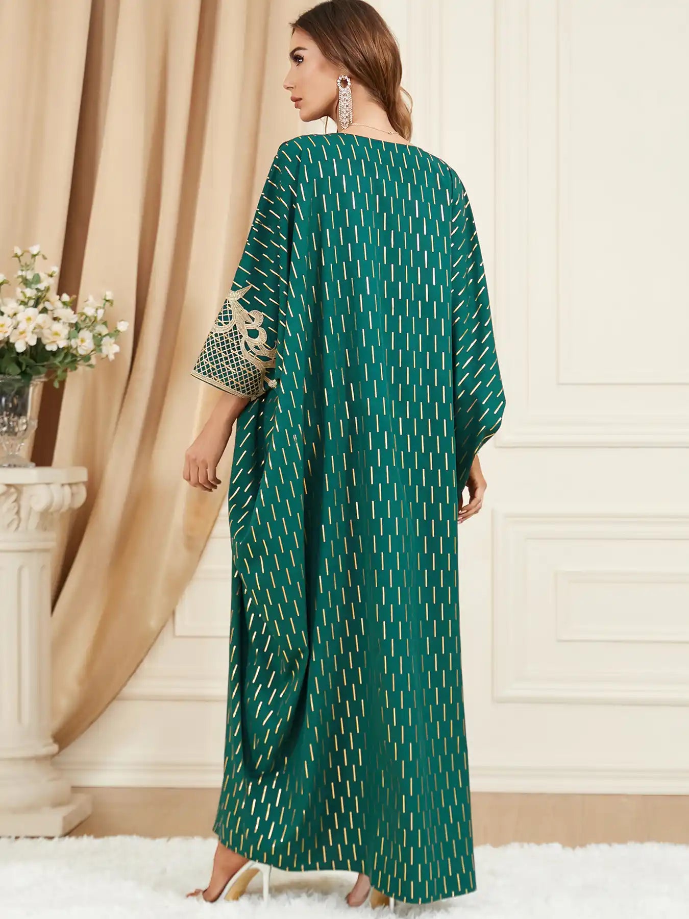 3461 Muslim Green Gilded Bat Sleeve Tassel Slit Dress