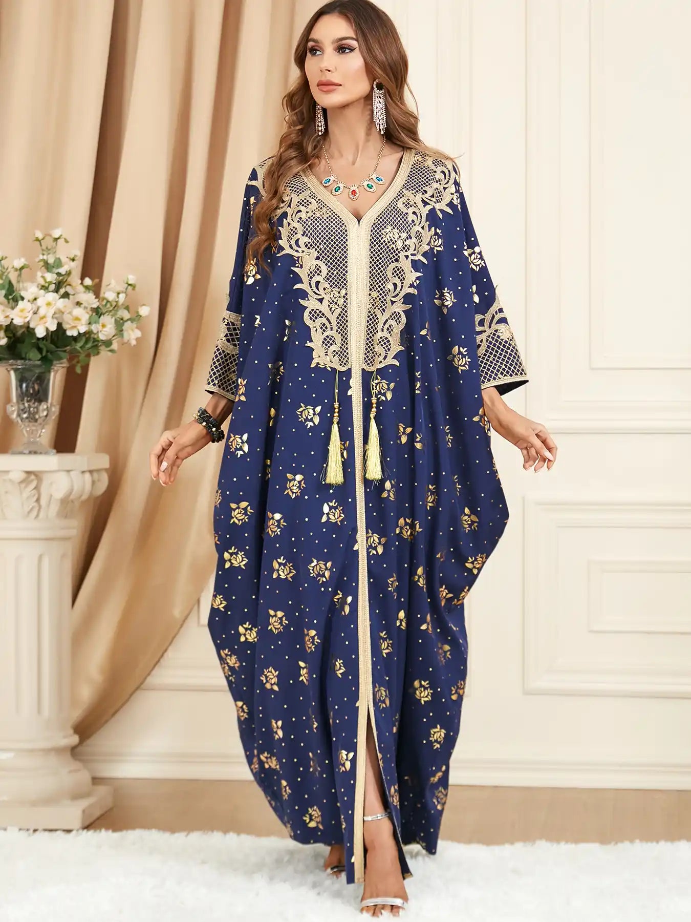 3470 Muslim Women's Bat Sleeve Tassel Large Size Abaya Dress