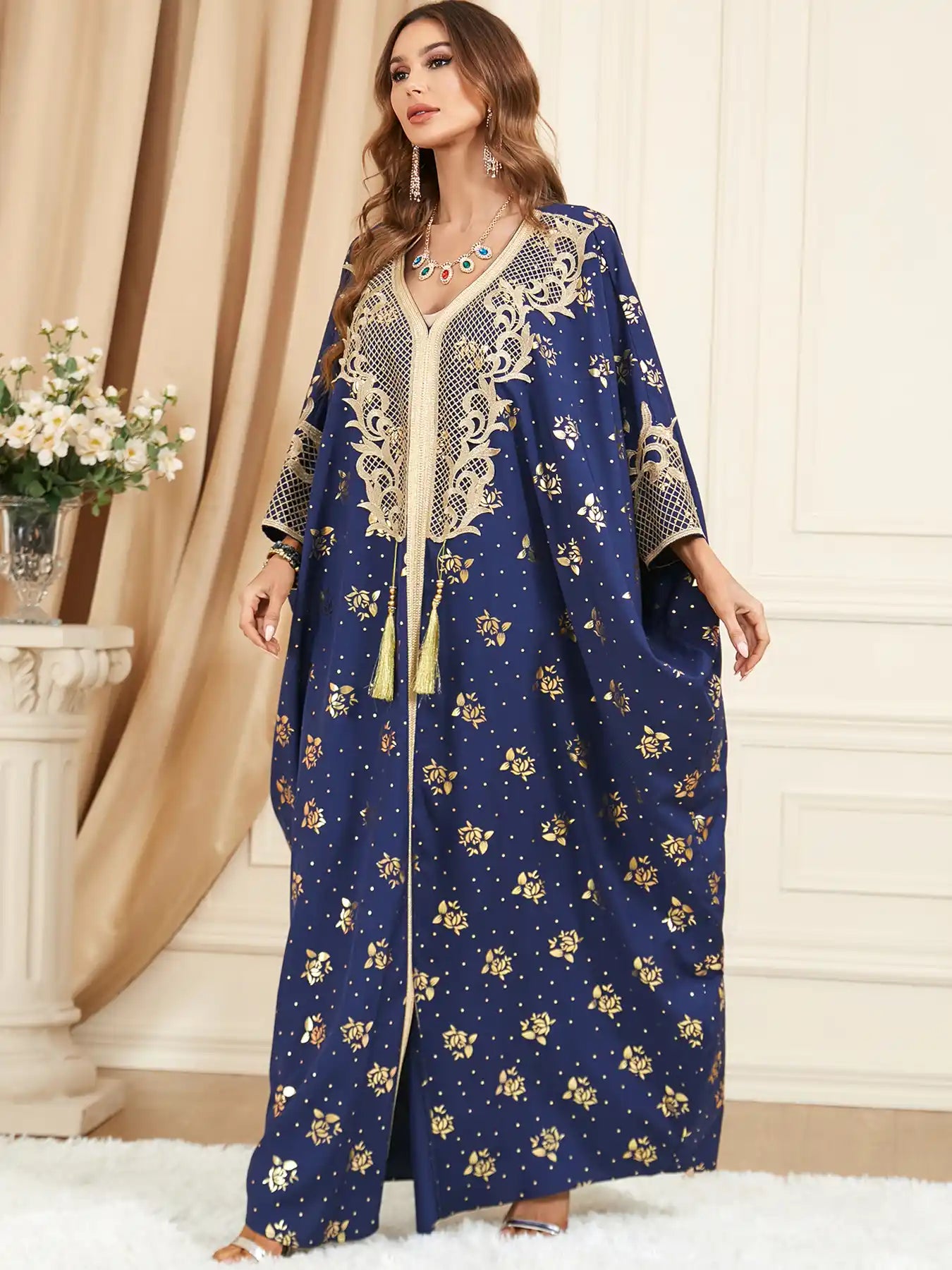 3470 Muslim Women's Bat Sleeve Tassel Large Size Abaya Dress
