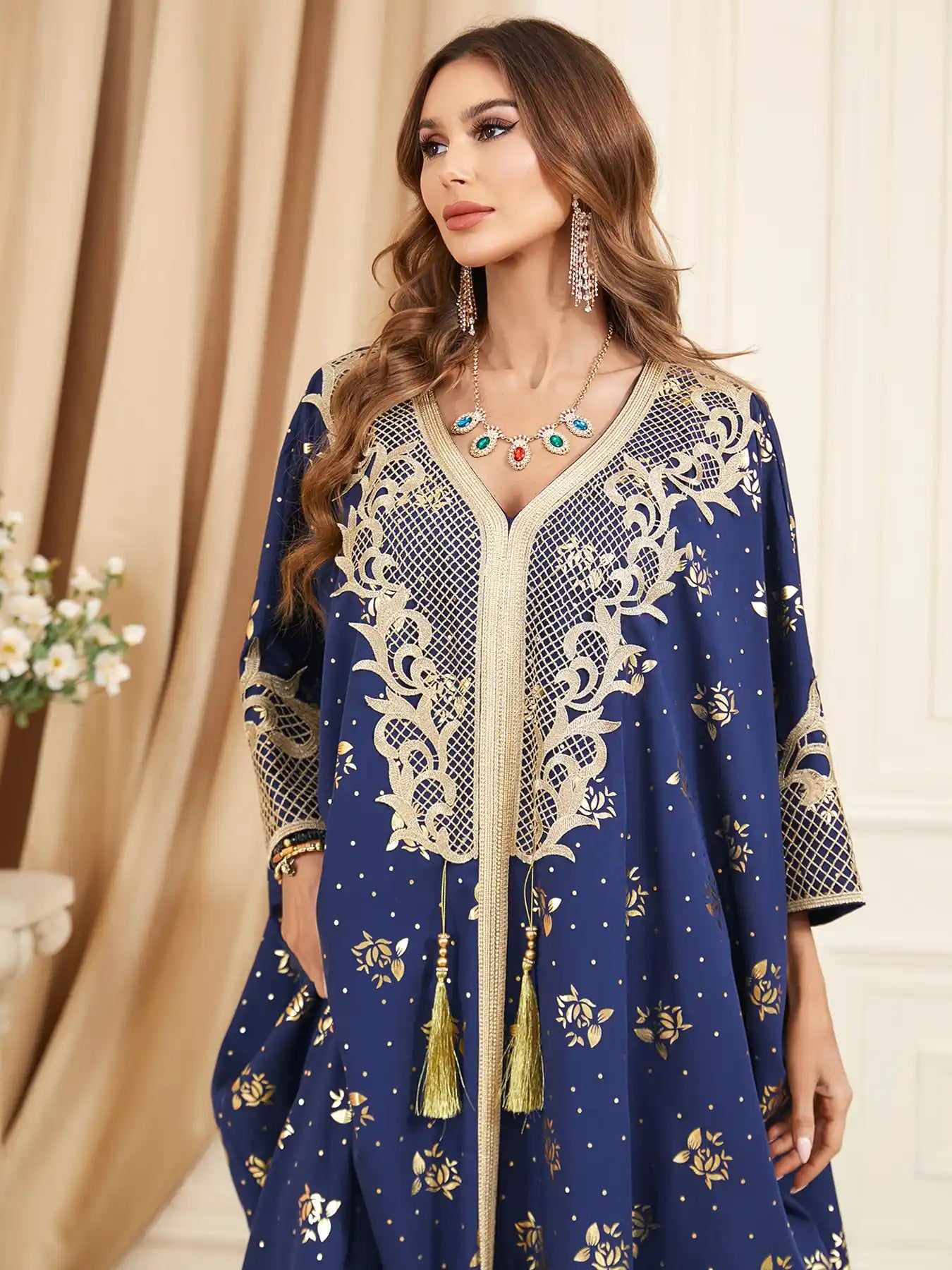 3470 Muslim Women's Bat Sleeve Tassel Large Size Abaya Dress