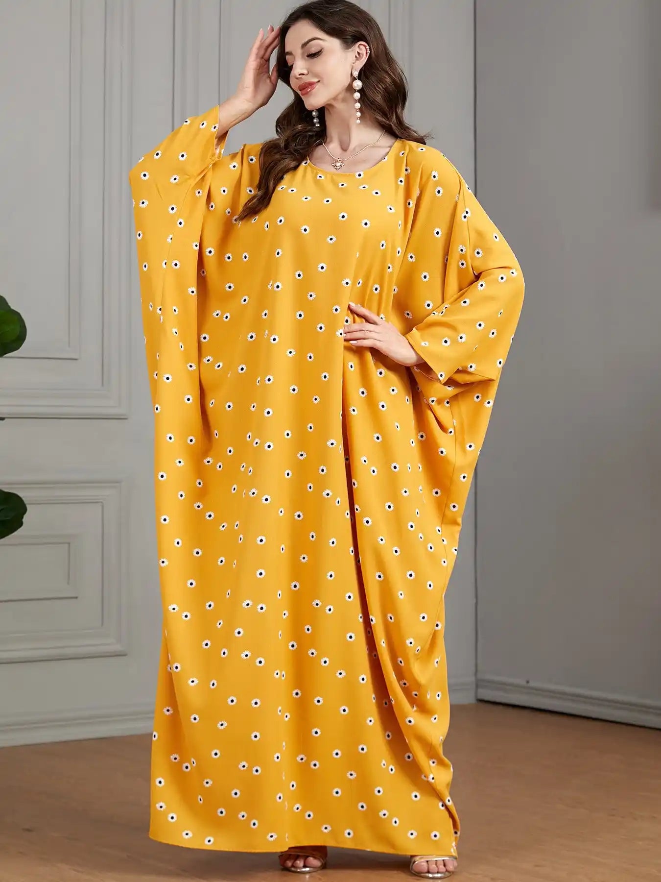 3528 Arabic Yellow Floral Bat Muslim Dress