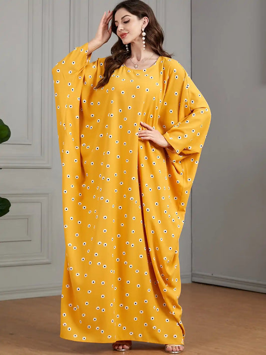 3528 Arabic Yellow Floral Bat Muslim Dress