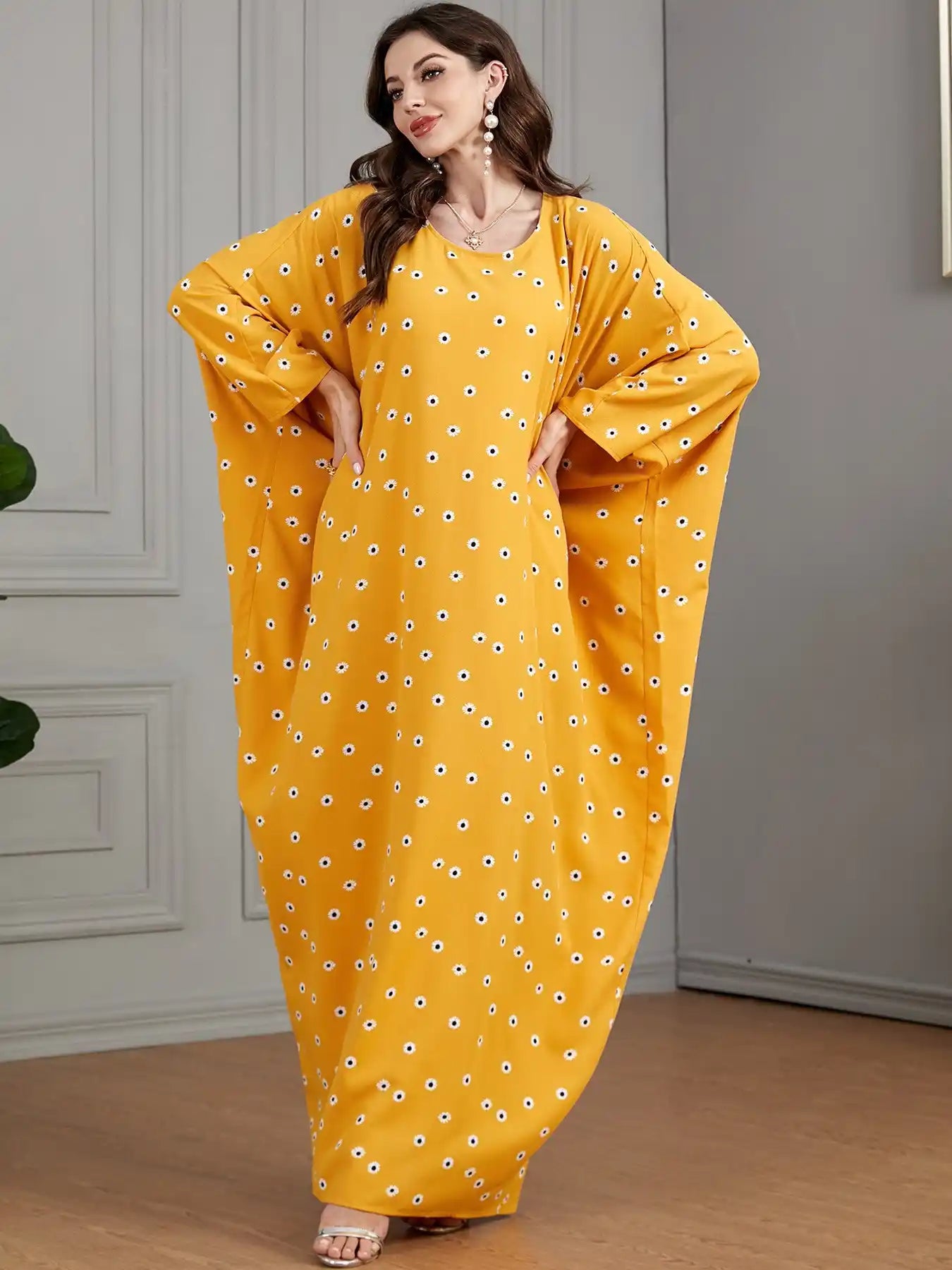 3528 Arabic Yellow Floral Bat Muslim Dress