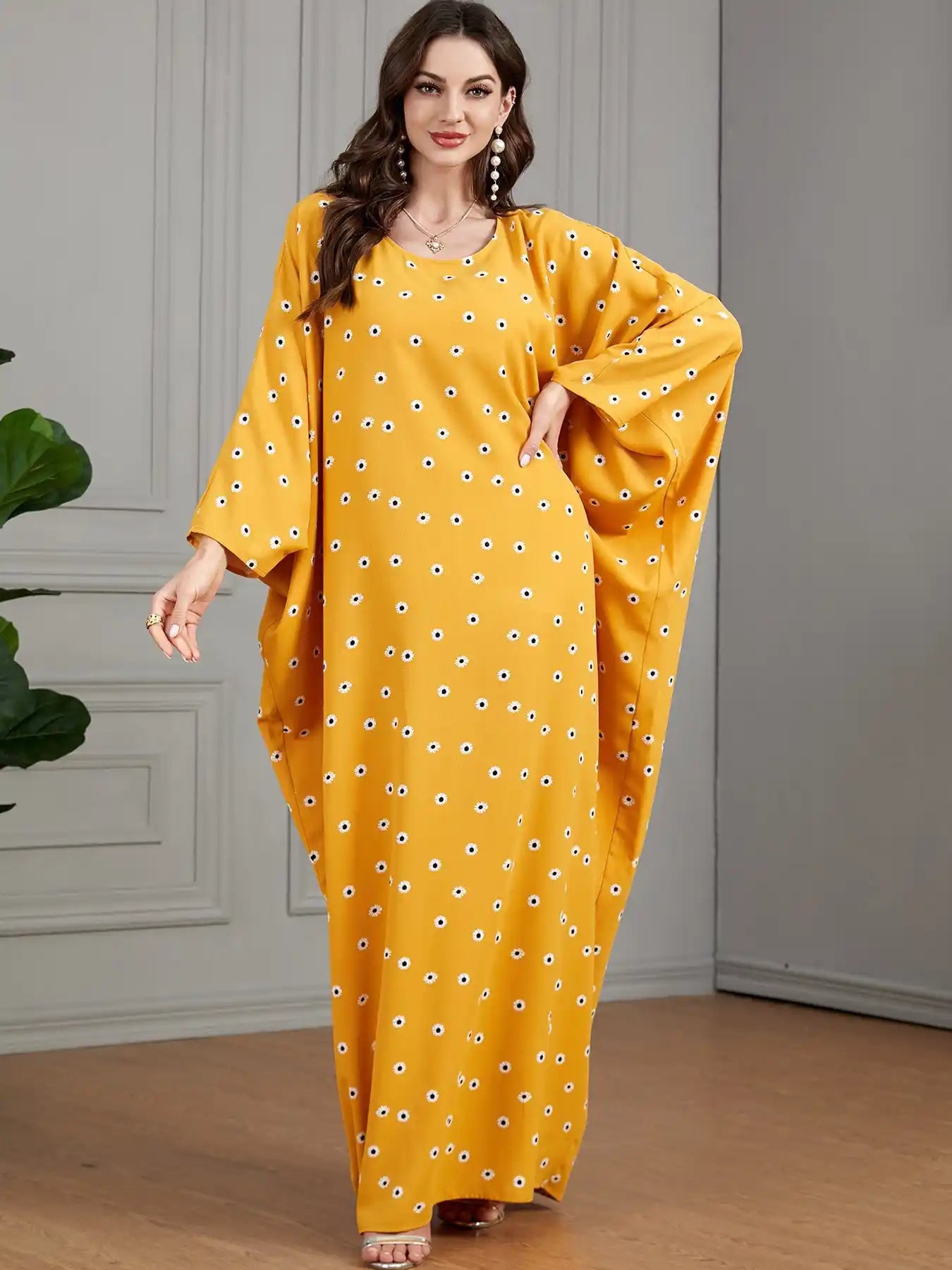 3528 Arabic Yellow Floral Bat Muslim Dress