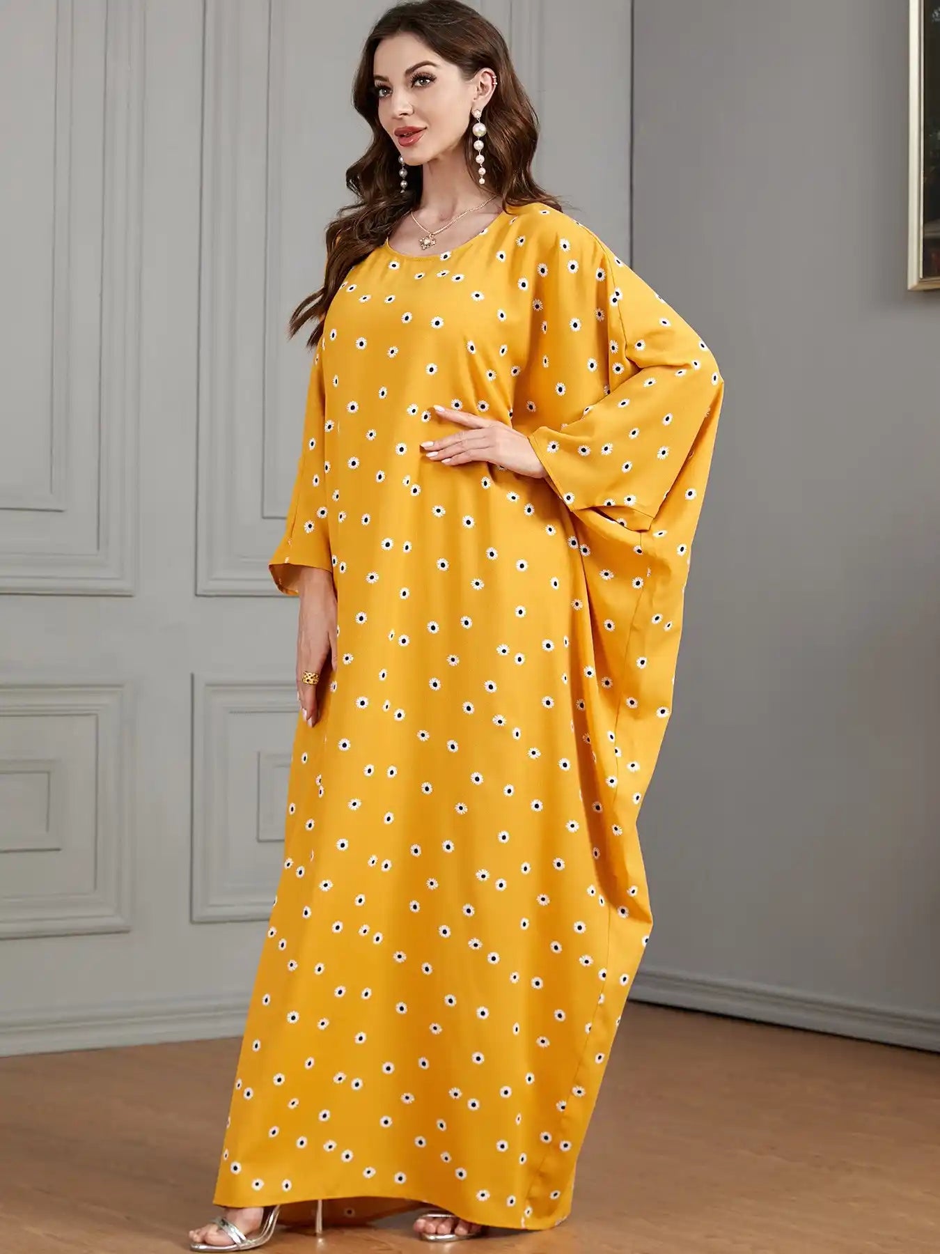3528 Arabic Yellow Floral Bat Muslim Dress